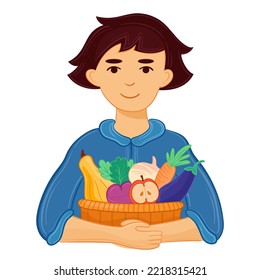 Vector illustration guy with a basket of vegetables after good autumn harvest.