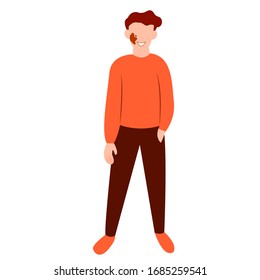 Vector illustration of a guy with a birthmark on his face isolated on a white background. Illustration of a character with problem skin. Illustration of a guy with a birthmark. Guy with vitiligo