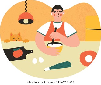 Ilustración vectorial. Chico y gato. El niño está preparando el desayuno con un gato jengibre. Para diseño web, libro infantil, publicidad.