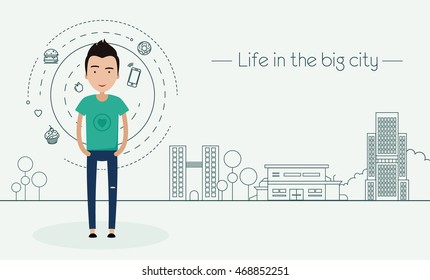 Vector illustration. Guy in the City. Line city. Life in the big city. Motion. active lifestyle. Urbanization. Smog from the city