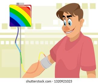Vector illustration of a guy and colored blood transfusion