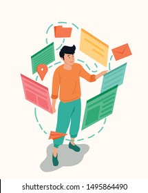 vector illustration of a guy doing a website in cute colorful cartoon style