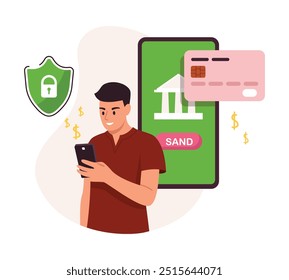 Ilustração vetorial de um cara jogando dinheiro em um cartão de banco. Cena de desenho animado de um cara sorridente segurando um smartphone, um cartão de banco, a palavra enviar, um sinal de proteção isolado em um fundo branco.Remessa.