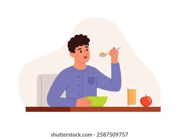 Vector illustration of a guy eating healthy food. Cartoon scene of a boy sitting at the table and eating porridge, apple, juice isolated on a white background.Eating before school, work, lunch break.