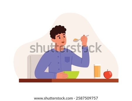 Vector illustration of a guy eating healthy food. Cartoon scene of a boy sitting at the table and eating porridge, apple, juice isolated on a white background.Eating before school, work, lunch break.