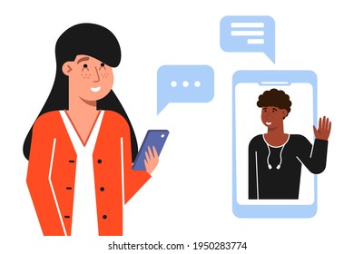 Vector illustration. The guy and the girl chat in the messenger online.