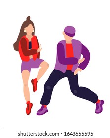 Vector illustration with guy and girl dancing hip hop. Teenagers are dressed in modern red and purple clothes. Trend colors and movements. Party or dance school billboard for children and teens.
