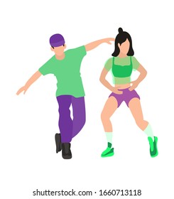 Vector illustration with guy and girl dancing hip hop. Teenagers are dressed in modern green and purple clothes. Trend colors and movements. Party or dance school billboard for children and teens.