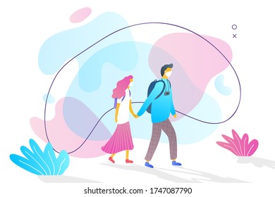 Vector illustration. Guy and girl in a face mask. Couple of tourists with backpacks and a camera during quarantine. Minimalist flat cartoon concept. Futuristic gradient color design.