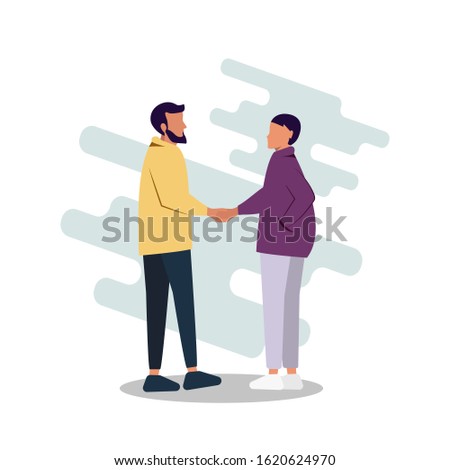 Vector illustration of a guy and a girl getting acquainted, shaking hands. Flat vector illustration. Modern design