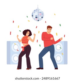 Vector illustration of a guy and a girl passionately dancing.Cartoon scene of young girl and guy dancing at the disco, mirror disco ball, music speakers, flowing streamer isolated on white background.