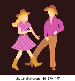 Vector illustration of a guy and a girl in raspberry and brown clothes, hats dancing canry dance. Isolated illustration of a couple of blond and blonde dances western dance on a dark background