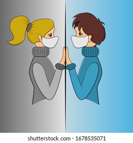 vector illustration of a guy and a girl sick with coronavirus infection in medical masks facing each other separated by glass on a gradient background