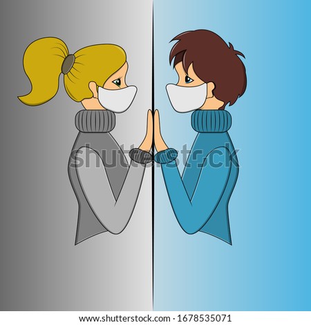 vector illustration of a guy and a girl sick with coronavirus infection in medical masks facing each other separated by glass on a gradient background