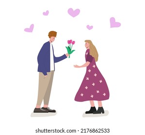 Vector illustration, the guy gives the girl a bouquet of flowers. Loving couple in flat style. Man and woman on a date. Romantic atmosphere. Stylish characters in love.Isolated background.