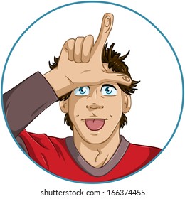 A vector illustration of a guy giving a loser sign with his fingers on his forehead. 