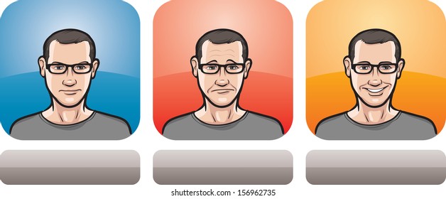 Vector illustration of guy in glasses face in three expressions: neutral, sad and happy - head and shoulders composition. Layered vector EPS10 format file.