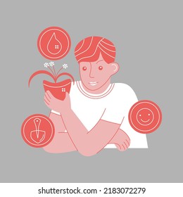 Ilustración vectorial de un hombre que cultiva una planta