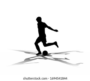 Vector illustration. The guy has an effort on goal. Shoot volley, curved kick, long and short pass.Professional football player skills. Isolated silhouette with shadows from lights. Footballer kicking