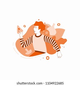 Vector illustration of a guy having fun with slice of pizza. Dynamic flat design of fast food for mobile app, web, delivery banner.