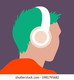 vector illustration of a guy with headphones in his ears listening to a podcast, audio book or online music in trendy colors. useful for advertising music channels, podcasts, online music services