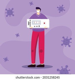 Vector illustration guy holding covid 19 rapid test
