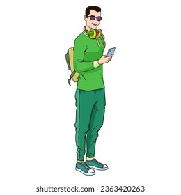 Ilustración vectorial de un tipo sosteniendo un teléfono