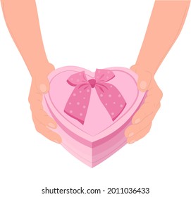 Vector Illustration the guy is holding a pink box in the shape of a heart. Declaration of love.