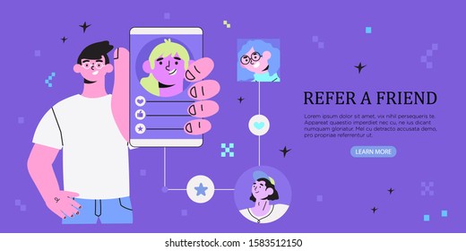 Vector illustration of a guy holding a smartphone in his hand with his friends accounts. Refer a friend, refer and earn or invite a friend banner, flyer, poster or landing page in a trendy style.