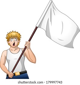 Vector illustration of a guy holding a white flag and surrendering. 