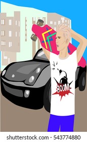 the vector illustration the guy holds a skateboard against the background of the car  