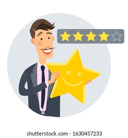 Vector illustration guy holds a star to make an assessment of a service, service, application.
Cheerful office worker character.