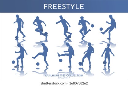 Vector illustration. The guy juggles the ball in the air. Feints "rainbow", "around the world". Set of isolated soccer silhouettes. Summer sports games. Footballer freestyle skills. Body moves