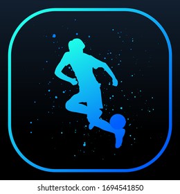 Vector illustration. The guy juggles the ball in the air. Feints "rainbow". Isolated soccer silhouette with splashes. Gradient bright color. Footballer freestyle skills. Body moves
