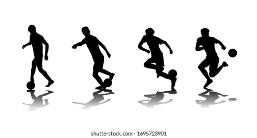 Vector illustration. The guy juggles the ball in the air. Feint "rainbow". Set of isolated soccer silhouettes. Summer sports games. Footballer freestyle skills. Body moves