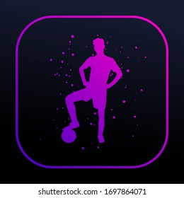Vector illustration guy Keeping the ball. Isolated soccer player silhouette. Grunge splash. Gradient bright color. Design elements for logos, emblems, banners. 