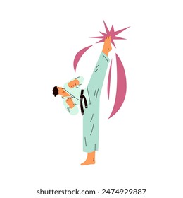 Ilustración vectorial de un tipo en un kimono con un cinturón negro entrenando una patada poderosa en un estiramiento perfecto. Entrenamiento dinámico de karate demostrando habilidad y fuerza