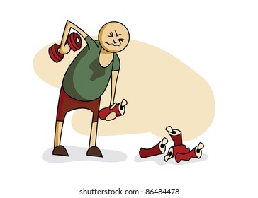 Vector illustration: guy lifting dumbbell in one hand and beer in the other