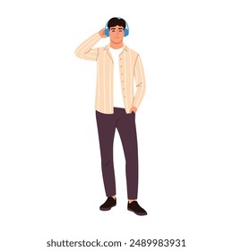 Vector illustration of a guy listening to music in blue headphones. Cartoon scene of a stylish guy in headphones, dressed in brown pants, a shirt and a white t-shirt isolated on a white background.