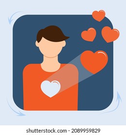 Ilustración vectorial del tipo enamorado de los corazones en estilo plano