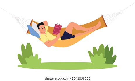 Vector illustration of a guy lying in a hammock. Cartoon scene of a boy lying in a hammock on soft pillows, resting and reading an interesting book, green grass, bushes isolated on a white background.