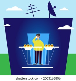 vector illustration of a guy on the balcony with a phone