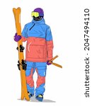 Vector Illustration of guy on skis. Extreme boy with skis. Man is ready to ride and jump on skis. Fashion sketch of extreme person.