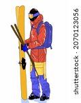 Vector Illustration of guy on snowboard. Extreme boy with skis. Man ready to ride and jump on skis. Fashion sketch of extreme person.