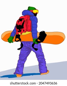 Ilustración vectorial del tipo en snowboard. Muchacho extremo con snowboard. Manis está listo para montar y saltar a bordo. Esbozo de moda de la persona extrema.