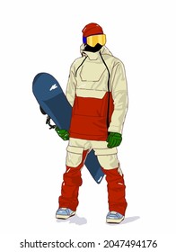 Vektorgrafik des Mannes auf Snowboard. Extremer Junge mit Snowboard. Manis bereit zu reiten und an Bord zu springen. Modeskizze von extremen Menschen.