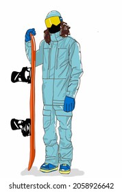 Vector Illustration of guy on snowboard. Extreme boy with snowboard. Man ready to ride and jump on board. Fashion sketch of extreme person.