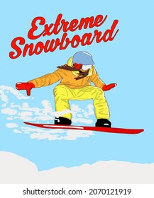 Ilustración vectorial del tipo en snowboard. Muchacho extremo con snowboard. Hombre salta a bordo. Esbozo de moda de la persona extrema. Inscripción de Snowboard Extremo.