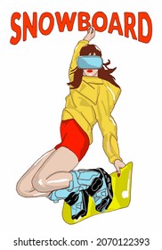 Vector Illustration of guy on snowboard. Extreme girl with snowboard. Woman jump on board. Fashion sketch of extreme person. Inscription of Snowboard.