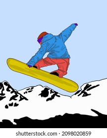 Ilustración vectorial del tipo en snowboard. Muchacho extremo con snowboard. Hombre salta a bordo. Esbozo de moda de la persona extrema. Inscripción de Snowboard.